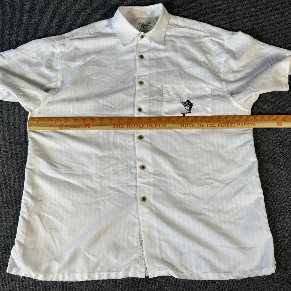 Bamboo Cay Marlin Men's L Embroidered Fishing Casual Button Up Shirt Beige White - Picture 3 of 9